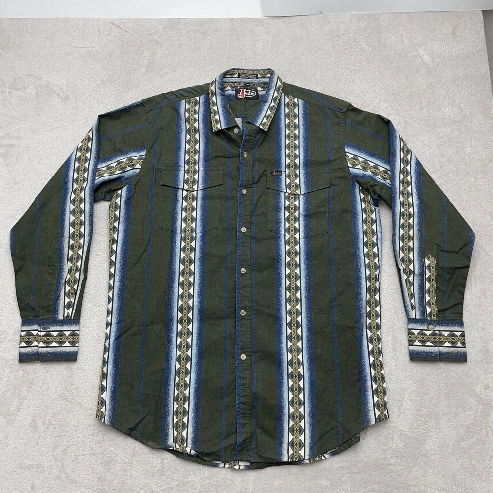 Justin Shirt Mens Large Blue Green Long Sleeve Striped Western Cowboy Cotton